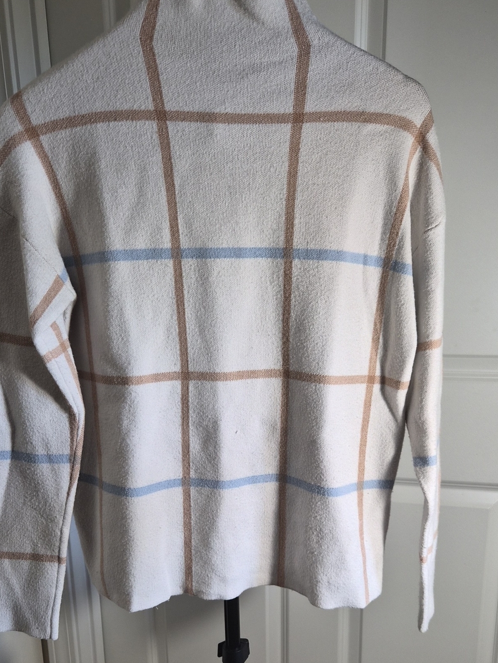 Tahari Cream Turtleneck Sweater with Tan & Light Blue Windowpane
